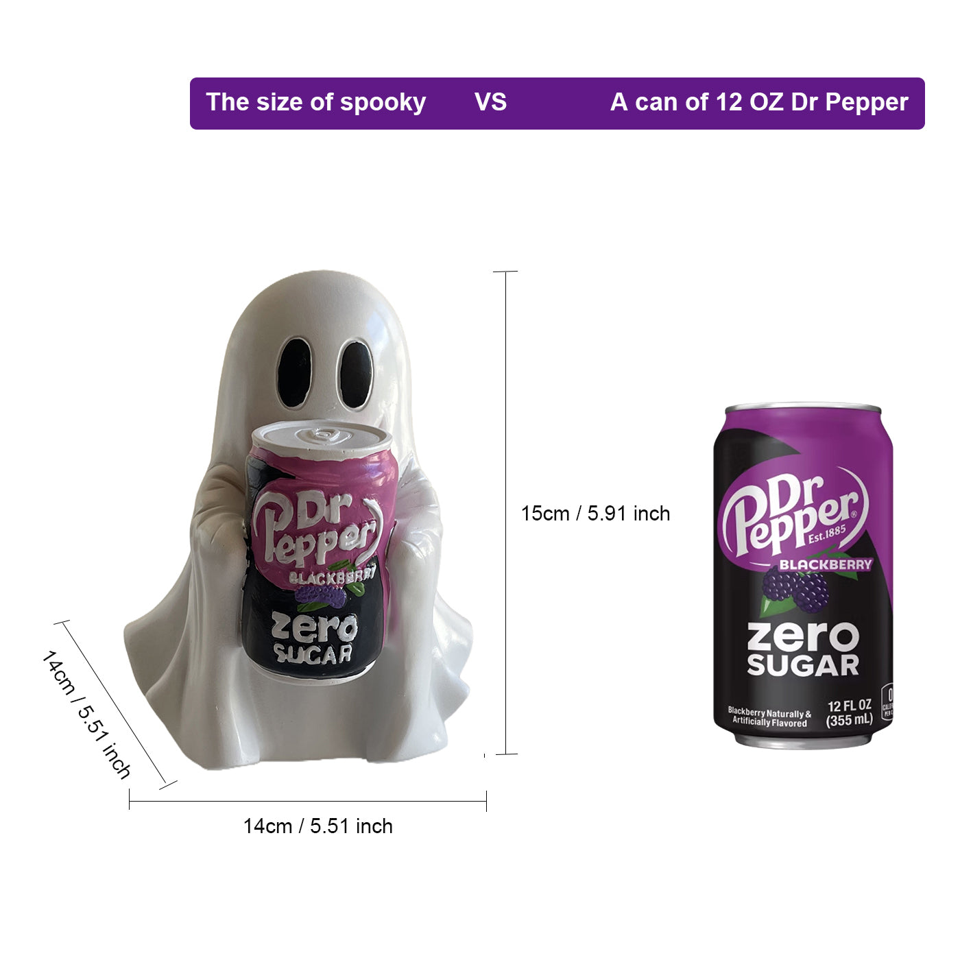 Spooky Cute Ghost with Dr Pepper Zero Sugar Blackberry – Resin Decor for Desk, Living Room, or Fireplace, Custom Halloween Decoration for Dr Pepper Fans