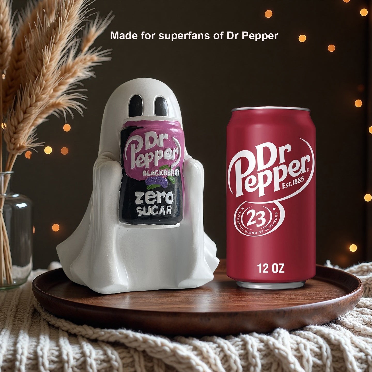 Spooky Cute Ghost with Dr Pepper Zero Sugar Blackberry – Resin Decor for Desk, Living Room, or Fireplace, Custom Halloween Decoration for Dr Pepper Fans