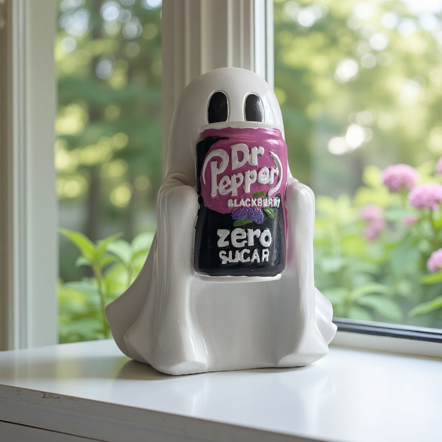 Spooky Cute Ghost with Dr Pepper Zero Sugar Blackberry – Resin Decor for Desk, Living Room, or Fireplace, Custom Halloween Decoration for Dr Pepper Fans