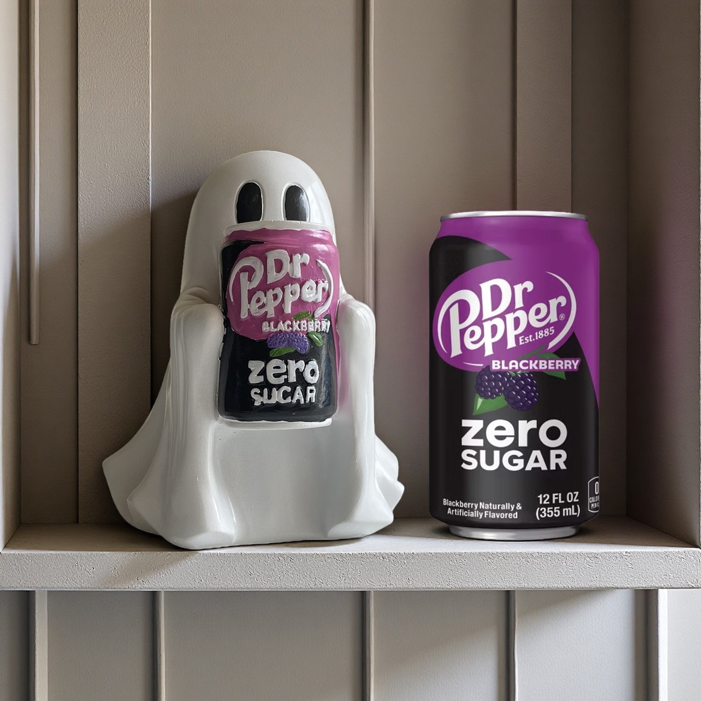 Spooky Cute Ghost with Dr Pepper Zero Sugar Blackberry – Resin Decor for Desk, Living Room, or Fireplace, Custom Halloween Decoration for Dr Pepper Fans