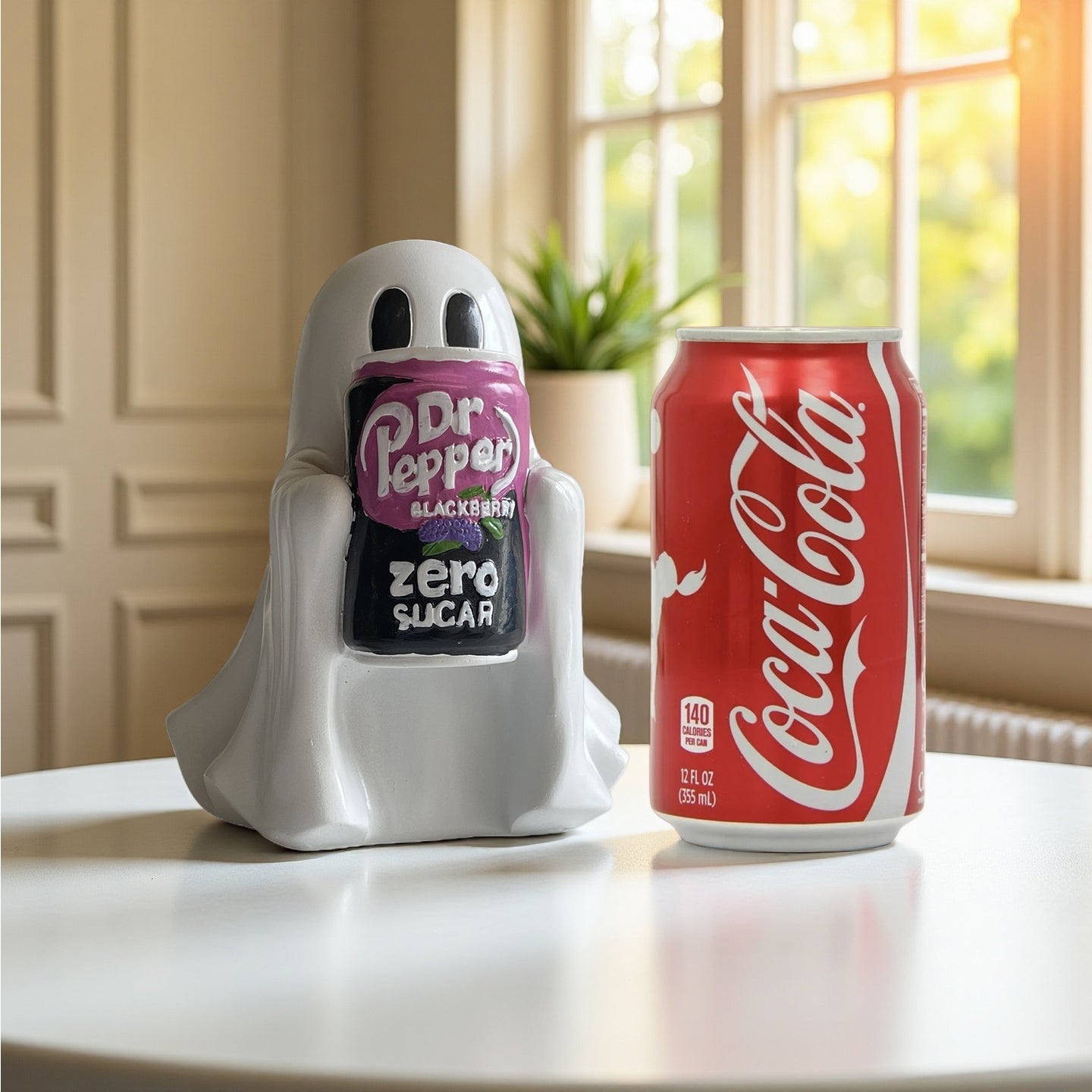 Spooky Cute Ghost with Dr Pepper Zero Sugar Blackberry – Resin Decor for Desk, Living Room, or Fireplace, Custom Halloween Decoration for Dr Pepper Fans